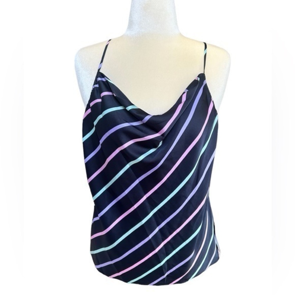 Nordstrom WAYF Black Pastel Stripe Silky Satin Tank Camisole NWT